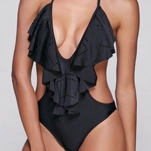 Black Plunge Ruffle Swimsuit NWOT